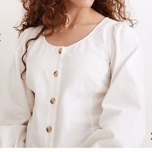 Madewell Women’s Corduroy Shirred-Sleeve Button-Front Crop Cream Top 100%Cotton